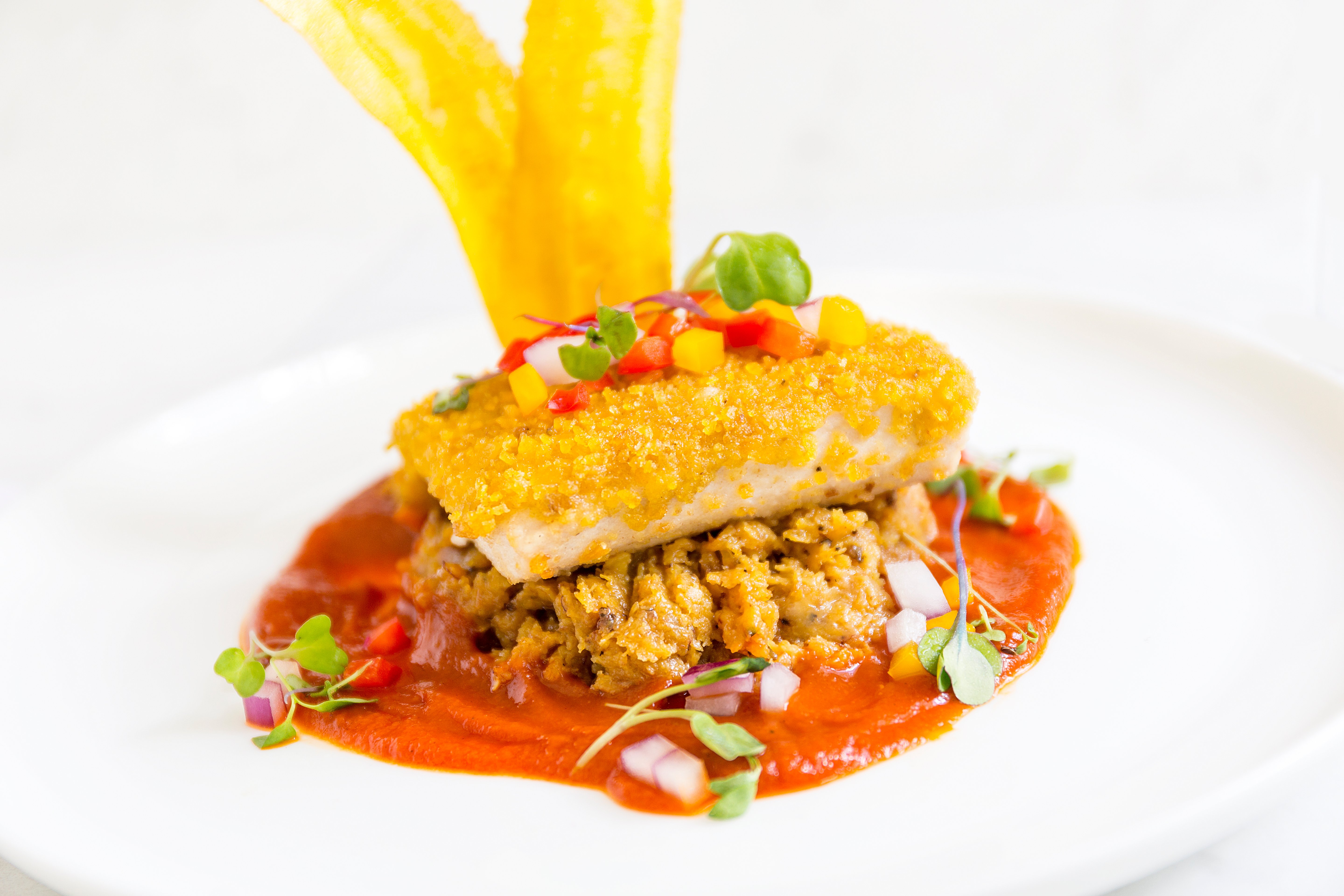 Plantain Crusted Mahi with Ripe Plantain Mash