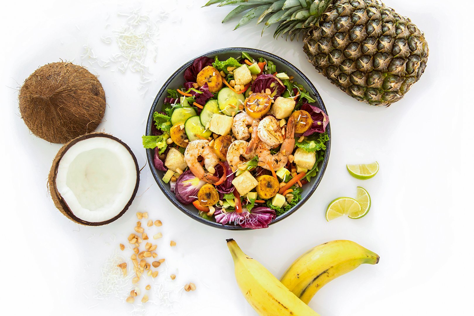 TROPICAL SHRIMP SALAD with PURE & SIMPLE PLANTAIN ROUNDS WATERMARK Color Graded